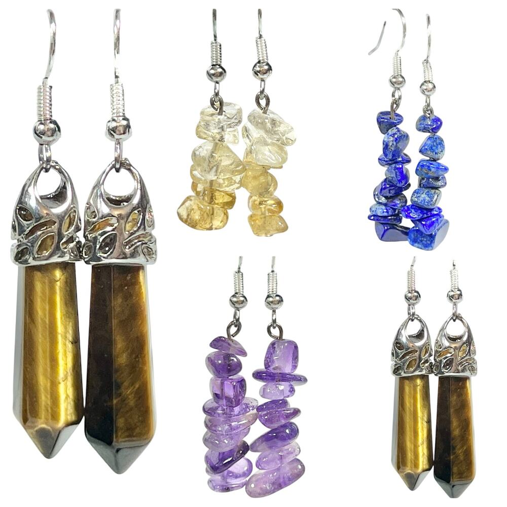 Gemstone Dangle Earrings Lot of 5 Hexagonal Tiger's Eye Amethyst Chip Style